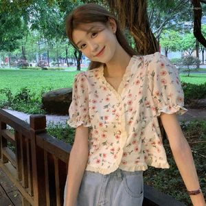 Women's Blouses Shirts Women Floral V-neck Thin Sweet French Style Summer Simple All-match Chic Mujer Students Ins Girlish Ulzzang Cute