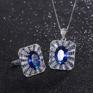 Cluster Rings Art Deco Vintage Unisex Jewelry Set Luxury Fashion Sapphire Blue Gem Pendant Ring For Women Men Ruby Band Necklace Gift