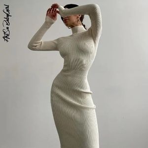 Grundläggande avslappnade klänningar långärmad klänning hög hals stickad mager mode y2k streetwear höst vinter solid tight bodycon midi för kvinnor 231031