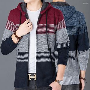 Maglioni da uomo Maglieria con cappuccio da uomo Autunno Inverno Pile Maglione di lana spessa Cappotto caldo Giacca cardigan a righe moda sottile Cappotto casual