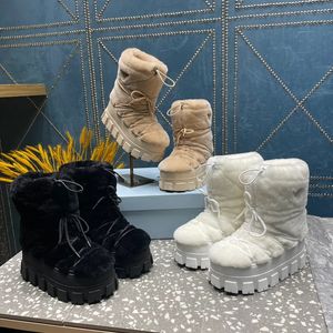 Nylon Plaque Ankle Ski Snow Shearling Boots décolleté con tacco Punta rotonda Sonw Bootie designer di lusso da donna Fashion Lace up scarpe invernali calzature di fabbrica taglia 35-42