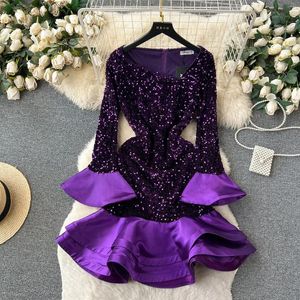 Повседневные платья S-4XL Высококачественное женское фиолетовое вечернее платье Женское элегантное роскошное расклешенное платье с длинным рукавом с асимметричными рюшами и блестками