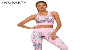 IWUPARTY 2 Piece Cute Pink Printing Yoga Set Women Workout Gym Outfit Sets Sport Fitness Crop Top Leggings Running Ladies Suit 2018171436