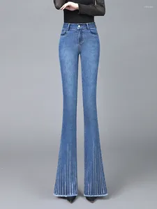 Dżinsy damskie Vintage High talia Elastyczne Slim Fit Flare Pants 2023 Autumn Korean Fashion Clothing