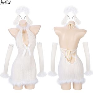 Ani Christmas Snow Angel Girl Furry dzianinowa sukienka Unifrom Women Bunny Backless Nightdress Pamas Stroje Kostiumy Cosplay