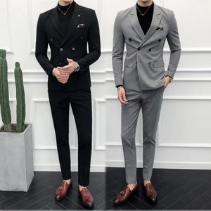 Men's Suits Blazers Men's Suit Double Breasted Peaked Lapel Black Beige Grey 2 Pcs Blazerpants Wedding Slim Fit Formal Business Ropa Hombre 231101