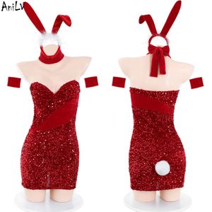 Ani 2023 coelho feminino vermelho bling lantejoulas sem alças unifrom coelho menina vestido de festa de ano novo trajes cosplay cosplay