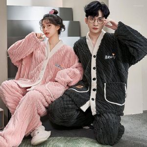 Women's Sleepwear Couple Winter Warm Thickened Coral Fleece Pajamas Set Male Autumn Pyjama Suit Women Men Home Wear Xmas Gift