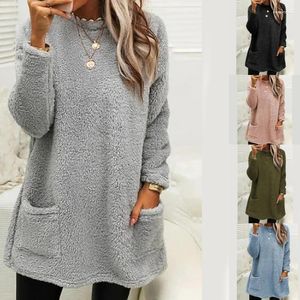 Mulheres Hoodies Womens Crewneck Fuzzy Moletom Fleece Sherpas Pulôver Manga Longa Casual Peludo Inverno Casaco Quente Tops com Bolsos N7YD