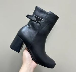 Pradity Calf Black Triangle-Plaque Leather Booties Ankle Boots High Block Heels Side Zip Square Toe Designers Women's Fashion Shoes Factory Factorwear