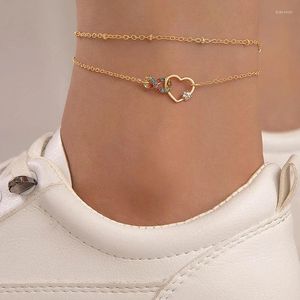 Anklets Exquisite Colorful Rhinestone Heart Anklet For Women Distort Cross Bilayer Chain Pearl Feet Accessories Fashion Jewelry