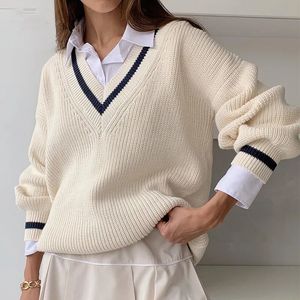 Maglioni da donna HOUZHOU Maglione Old Money Style Autunno Inverno Coreano Casual Allentato Manica lunga a righe Scollo a V Pullover preppy 231031