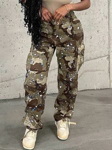 Calças femininas sifreyr camuflagem baggy carga feminina moda bolsos retalhos cintura alta calças retas casual streetwear y2k 231101
