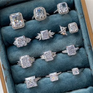 anello di diamanti di design di lusso per donna sposa argento sterling 925 8A cubic zirconia ghiacciato rotondo quadrato fidanzamento matrimonio anelli di amore eterno confezione regalo di gioielli da donna