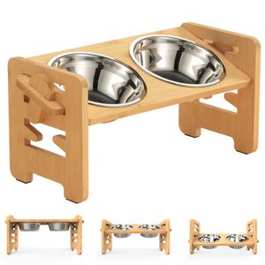 Alimentadores de tigelas para cães, bambu elevado, inclinado, ajustável, suporte para alimentador de cães com comida de aço inoxidável para filhotes, gatos, acessórios para animais de estimação 231031