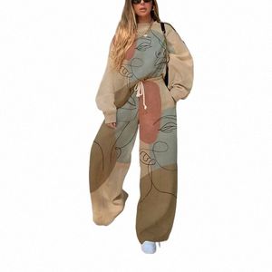 Kvinnors spårdräkter Designer Casual Round Neck Loose Print Basic Women Sweater Set Fashion Hoodies and Sweatpants Set Suit Q5MZ#