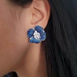 Ohrstecker Hohe Qualität Micro Pave Blau Schwarz Zirkonia Cz Blüte Blume Große Frauen Ohrring