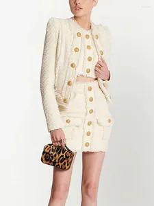 Dwuczęściowa sukienka Krótka kurtka Kobiety 2023 Autumn Winter Fashion Lion Button Brody brodaty grube tweed stojak na szyję ciepła