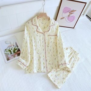 Kvinnors sömnkläder Tvådelad hemdräkt för kvinnor Pure Cotton Long Sleeve Nightie Pijama Floral Print Clothes Sleep