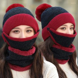 Radfahren Caps Winter Gestrickte Mützen Hut Frauen Kullies Hüte Mit Bib Maske Weibliche Samt Dicke Warme Wolle Motorhaube Sets