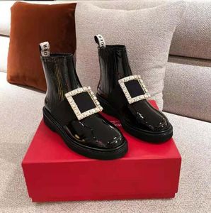 Kvinna Ankle Boot Patent Leather Boots Rogerviviers Chelsea Viv 'Leather Ankle-Boots Martens Strass Crystal Embelled Round Toe Flats 35-40