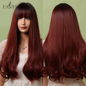 Synthetic Wigs Easihair Burgundy Red Long Synthetic Wigs Black to Dark Ombre for Women Natural Bangs Wine Cosplay 230227