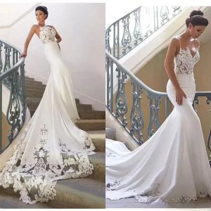 Träger Satin Spaghetti Bohemia Meerjungfrau Kleider Spitze Applikation Sweep Zug Hochzeit Brautkleider Roben De BM0968 1101