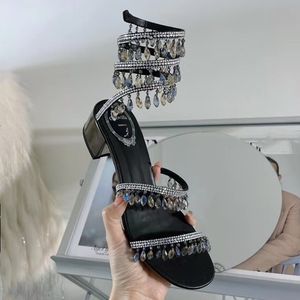 Rene Caovilla New Women's Sandals Crystal Black Bling Linestone High Heals Summer Shoes for Women Sandals 35-43Size