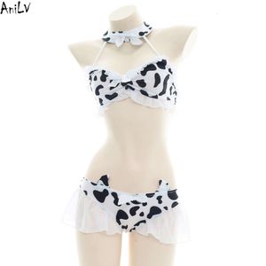 Ani Anime Girl Pet Cow Bikini Swimsuit Costume Pool Party Cute Chiffon Ruffle Swimwear Pamas Uniform Cosplay cosplay