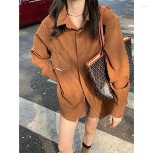 Kvinnors blusar Deeptown Vintage Brown Corduroy Kvinnor Överdimensionerad Casual Korean Old Money Style Shirt Dress Autumn Long Sleeve Cardigan