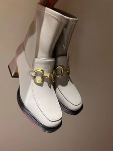 Marca de inverno feminina casa bota tornozelo banhado a ouro salto bloco preto marrom liso estiramento couro botas de festa casamento senhora botas EU35-41