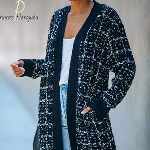 Damenjacken Lange böhmische karierte Strickjacken Frauen Vintage langer Mantel weibliche Jacke Strickwaren Winter dünner Pullover Strickjacke Taschen 231031