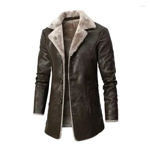 Casacos de Trench Masculinos Casacos Longos para Homens Couro Outono Inverno Negócios Casual PU Código Europeu Veludo Grande Lapela Terno Casaco de Pele Masculino