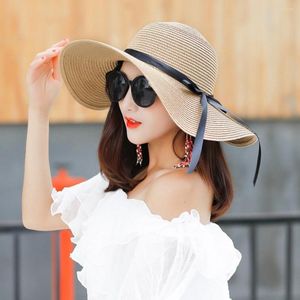 Wide Brim Hats Foldable Women Straw Cap Sun Hat Summer Floppy Ribbon Bow Beach Bucket