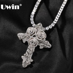 Girocolli UWIN Iced CZ Croci Collane con ciondolo Cubic Zirconia Rose in fiore Charms Moda Punk Rapper Gioielli per regalo 231101