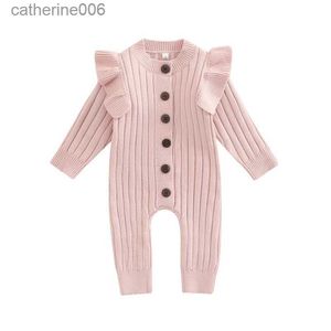 Jumpsuits Autumn Infant Baby Romper Cotton Knit långärmad ruffle Solid Color Girls Jumpsuits nyfödda flickor outfit baby klädl231101