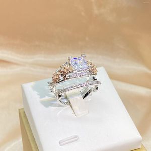 Cluster Rings Creative 2PC Two-Piece Set Of Flowers Couple For Women With Openwork Square Crystal Full Diamond Wedding Gift Jewelry