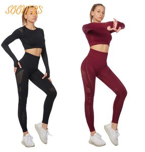 Sooners 322 vital feminino esporte terno yoga conjunto ginásio roupas de treino manga longa fitness colheita superior cintura alta energia sem costura leggings5320650