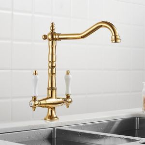 Kökskranar Dual Handle Sink Faucet 360 graders rotation Guldblandare och kallt vattentappar däck monterade