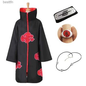 애니메이션 의상 Akatsuki Cloak Kids Itachi Long Black Unisex Robe Capes Halloween Cosplay with Headband Ring Necklacel231101