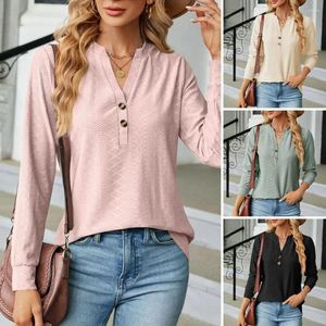 Camicette da donna T-shirt da donna Bottone con scollo a V Manica lunga Applique Pullover allentato Top Tinta unita Casual di media lunghezza Lady Autunno Primavera Camicie