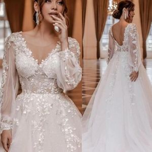 Långa ärmar spets bröllopsklänning kvinnor illusion tillbaka applikationer skopa a-line brudklänningar vestidos plus storlek 328 328