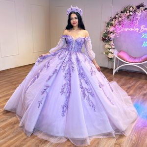 Lavanta tatlım quinceanera elbiseler balo elbisesi aplike dantel boncuk partisi prenses tatlı 16 elbise tül bağcısı sırtsız