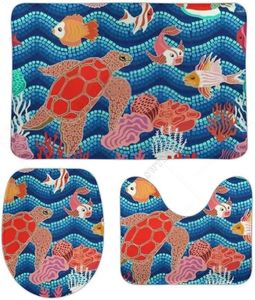 Bath Mats 3 Pieces Bathroom Rugs Set Non-Slip Fishes Corals Blue Wavy Mosaic Contour Toilet Lid Cover Tub Shower Rug Floors