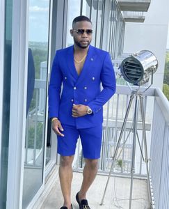 Mäns kostymer blazers sommar dubbelbröst män kostymer smala passform 2 stycke Royal Blue Blazer Short Pant Casual Beach Wedding Party Suits Costume Homme 231101