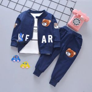 Nova moda bebê meninos conjuntos de roupas urso primavera roupas esportivas traje jaqueta t camisa calças 3 pçs terno para meninos roupas