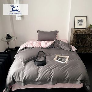 Sängkläder set liv-esthete lady gåva 100% natur siden sängkläder set grå rosa platta lakan kuddväskor elegant drottning kung quilt cover säng linne set 231101