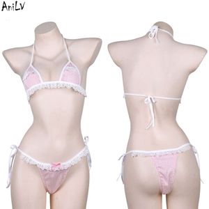 Ani Beach Girl Anime Niedlicher rosa karierter Bikini-Badeanzug, Badebekleidung, Unifrom, Damen-Spitzenunterwäsche, Dessous-Outfits, Kostüme, Cosplay