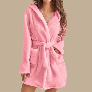 Kvinnors sömnkläder varm plysch nattklänning Lace-up pyjamas Autumn Winter Women Solid Color Cardigan Lapel Pocket Mid-Längd Coat Huveed Home