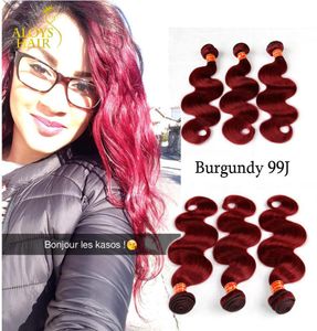 Burgundowe Brazylijskie dziewicze włosy Weves pakiewki Body Fala Virgin Peruvian Malezyjska Indian Remy Human Hair Extensions Wine Red 99J T7888066